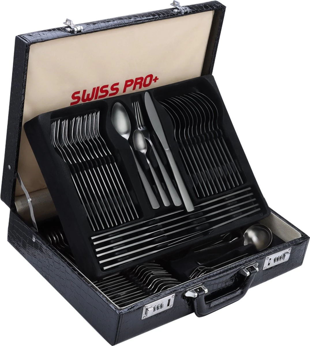 Swiss Pro+ Bestekset In Koffer-72 Delig-12 Persoons-Zwitsers Kwaliteit-Complete Set-100% Roestvrijstaal- Zwart 1 Swiss Pro+ Bestekset In Koffer-72 Delig-12 Persoons-Zwitsers Kwaliteit-Complete Set-100% Roestvrijstaal- Zwart