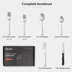 Deleca 12 Persoons Bestekset (72-delig) - Lepels, Messen, Vorken & Steakmessen - Vaatwasserbestendig - Zilver / RVS 19 Deleca 12 Persoons Bestekset (72-delig) - Lepels, Messen, Vorken & Steakmessen - Vaatwasserbestendig - Zilver / RVS -Keuken Benodigdheden Winkel 1200x1200 442