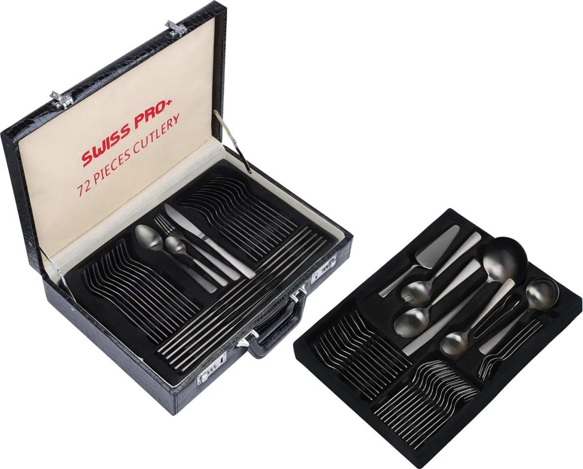 Swiss Pro+ Bestekset In Koffer-72 Delig-12 Persoons-Zwitsers Kwaliteit-Complete Set-100% Roestvrijstaal- Zwart 2 Swiss Pro+ Bestekset In Koffer-72 Delig-12 Persoons-Zwitsers Kwaliteit-Complete Set-100% Roestvrijstaal- Zwart - Afbeelding 2